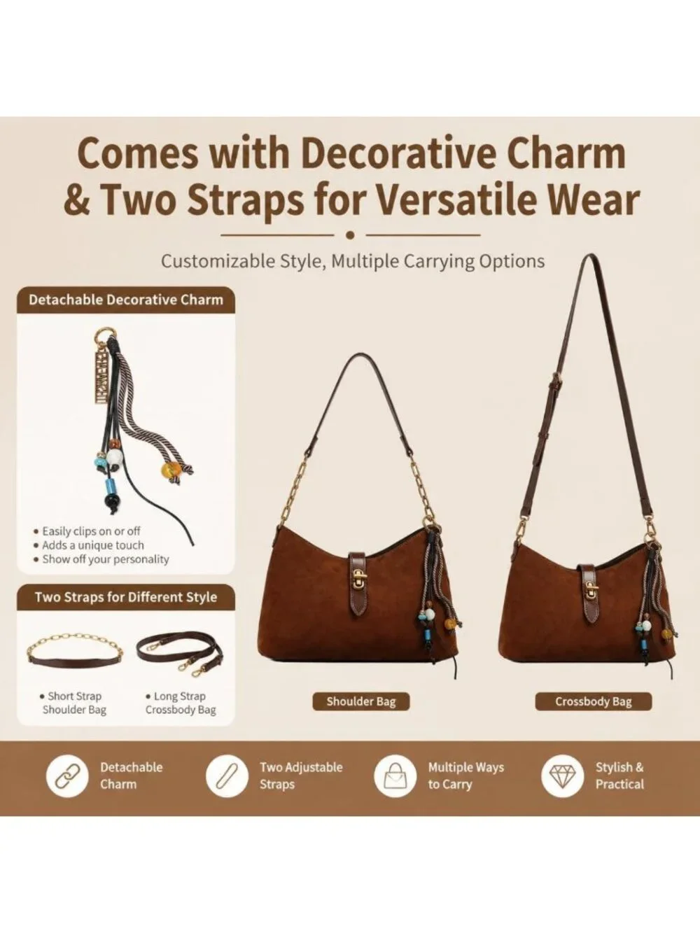 Lightweight Suede Crescent Shoulder Bag, Hobo Purse with Chain & Adjustable